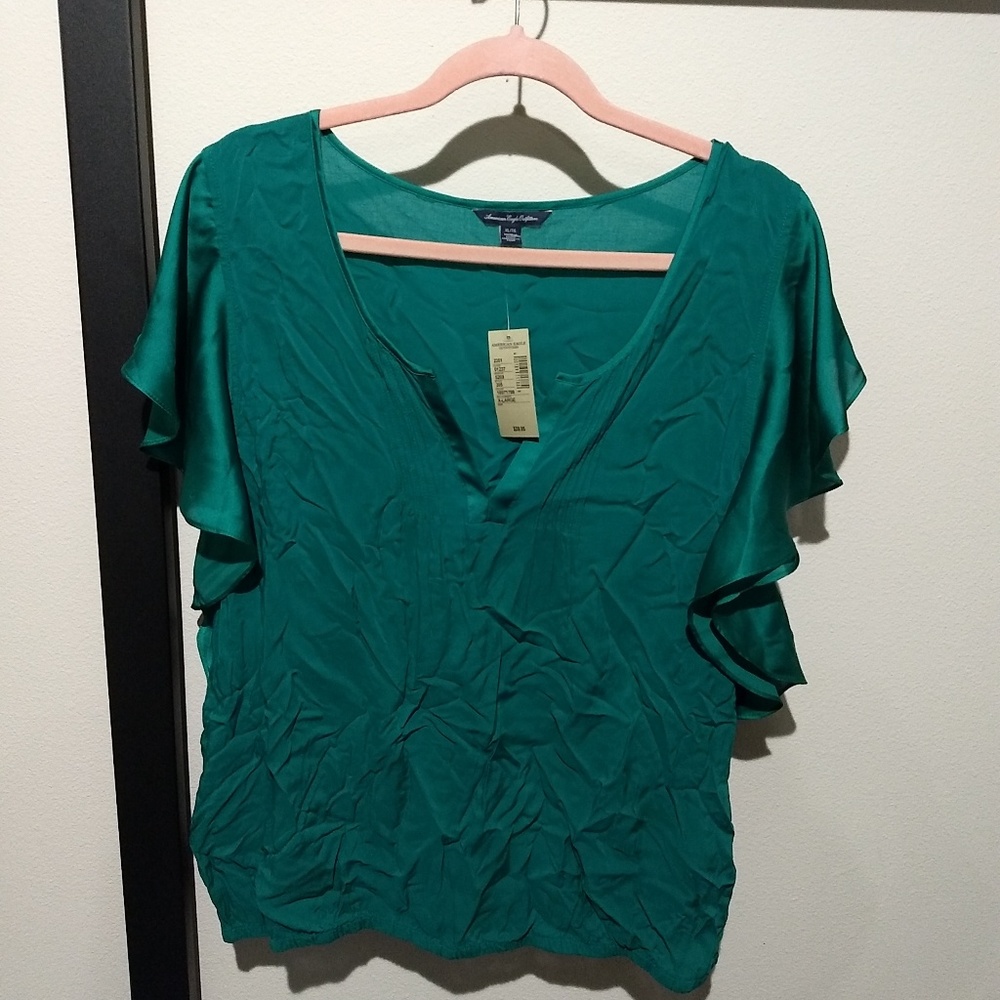 American Eagle Teal Ruffle Sleeve Blouse